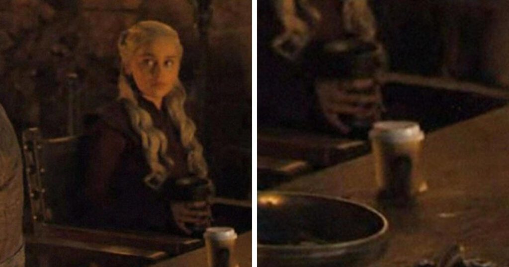 Image of a shot with a continuity error from Game of Thrones where a Starbucks cup can be seen next to Danaerys.