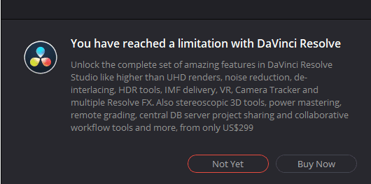 You have reached a limitation with DaVinci Resolve popup