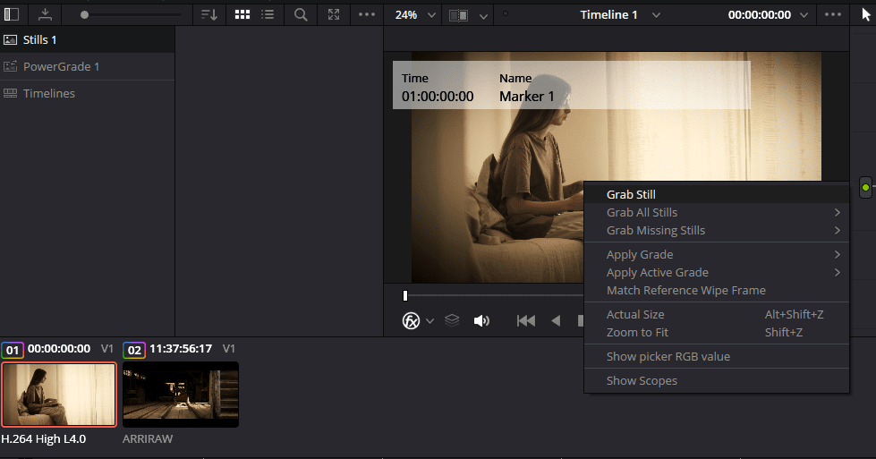 A screenshot of DaVinci Resolve showing how to grab a still of your footage to save the color grading settings.