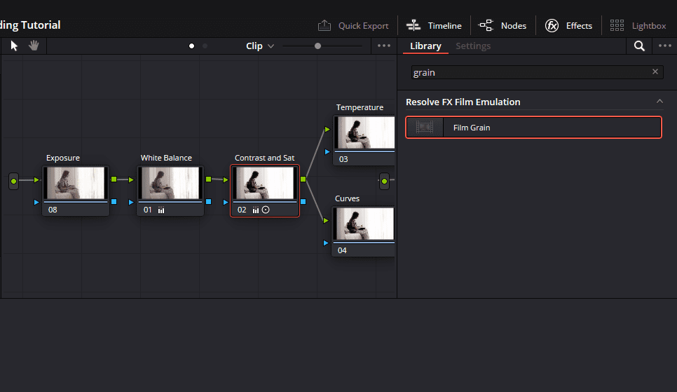 A screenshot of Resolve's Effects tab, showing how to apply the Film Grain effect to a node.