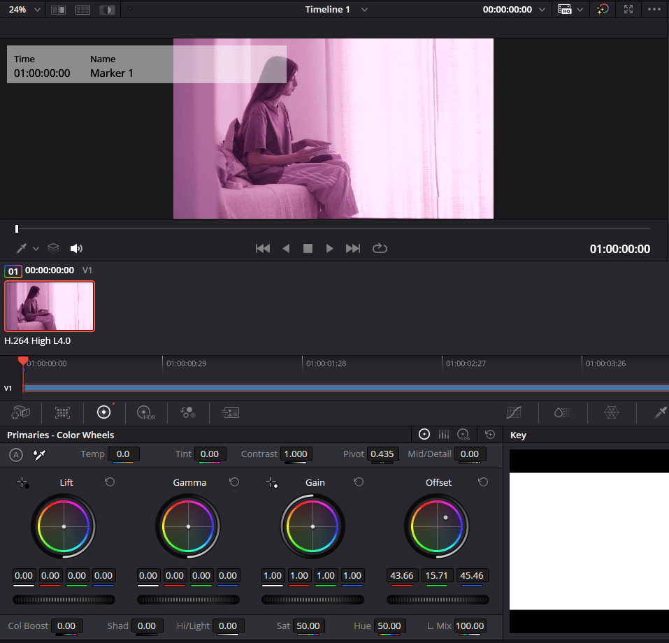 A screenshot of some footage showing how the Offset color wheel can be used to change the hue of an entire scene.