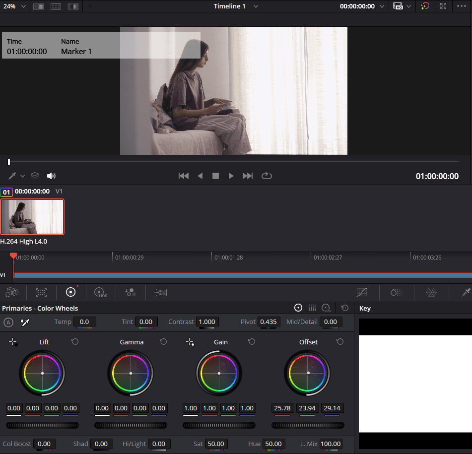 A screenshot of DaVinci Resolve's Color Wheels, showing how the Offset wheel can be used to white balance a scene.