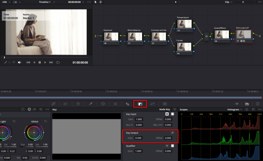 A screenshot of the node Key tab, highlighting the Key Output option where you can reduce the intensity of a given node.