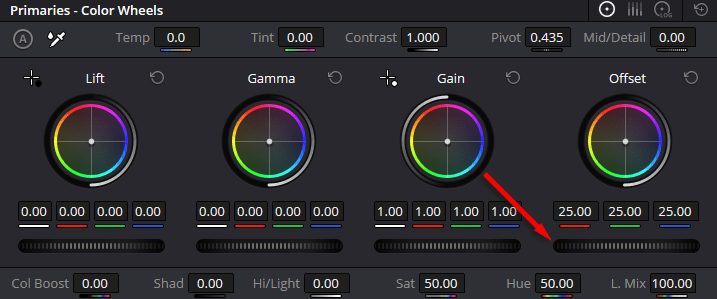 A screenshot highlighting where to find the exposure slider in the Primaries - Color Wheels tab.