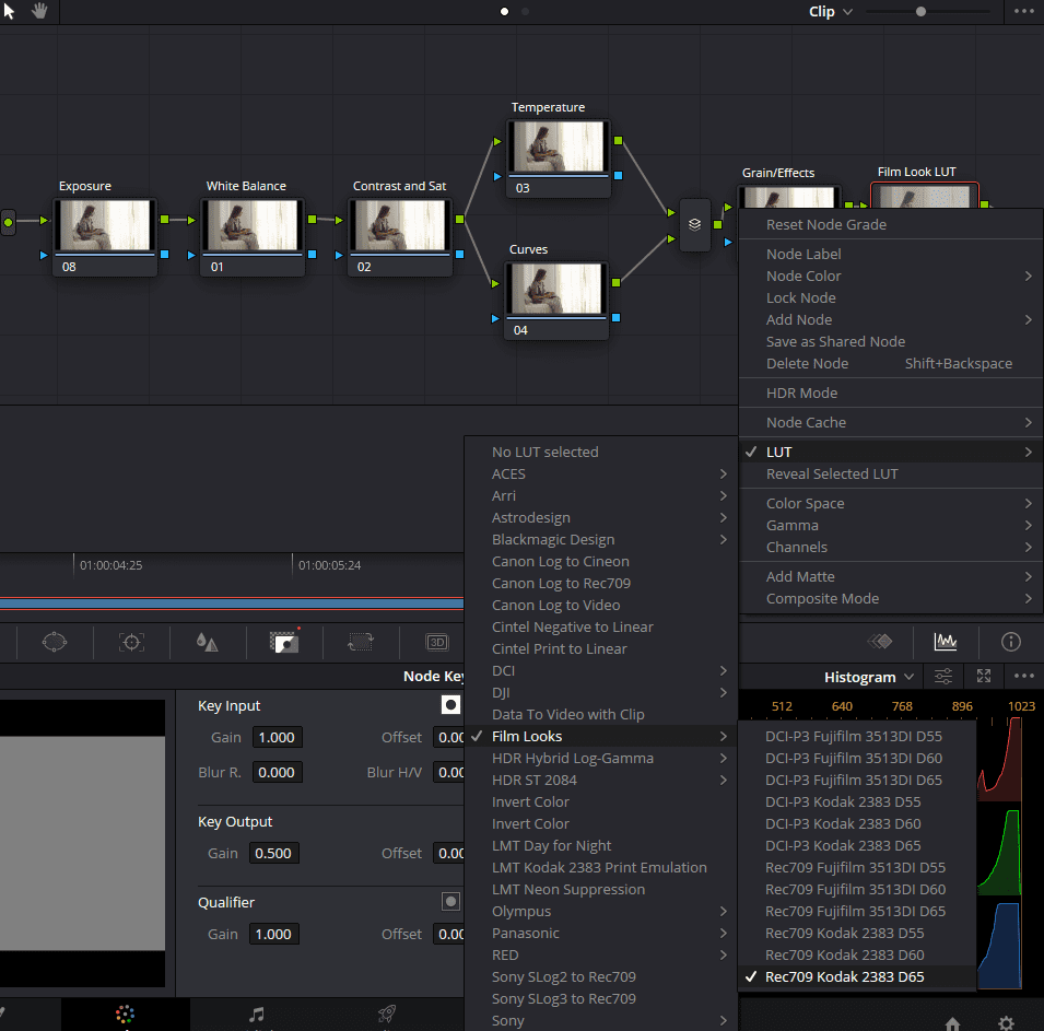 A screenshot of DaVinci Resolve's node section, showing how to select a Film Looks LUT.