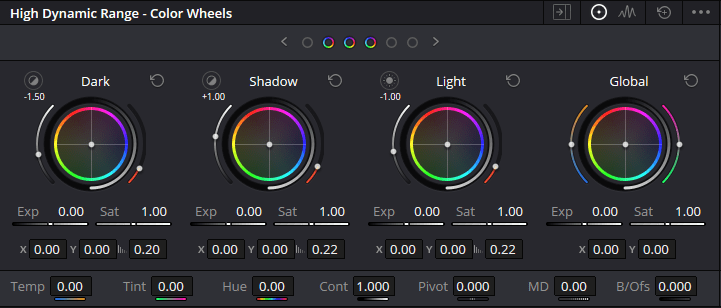 A screenshot of the HDR - Color Wheels tab in DaVinci Resolve.