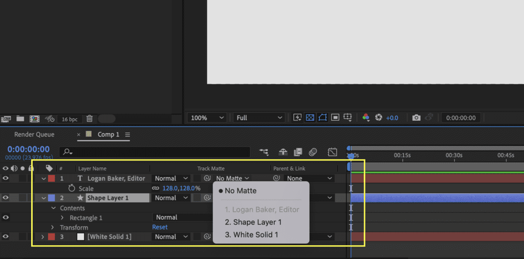 Screensjpt showing the track matte options for a text layer