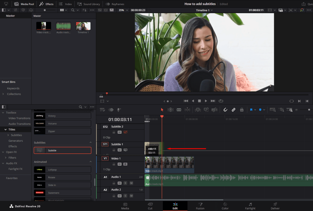A screenshot showing how to click and drag the edge of your subtitle track to change its length and match it with the audio.