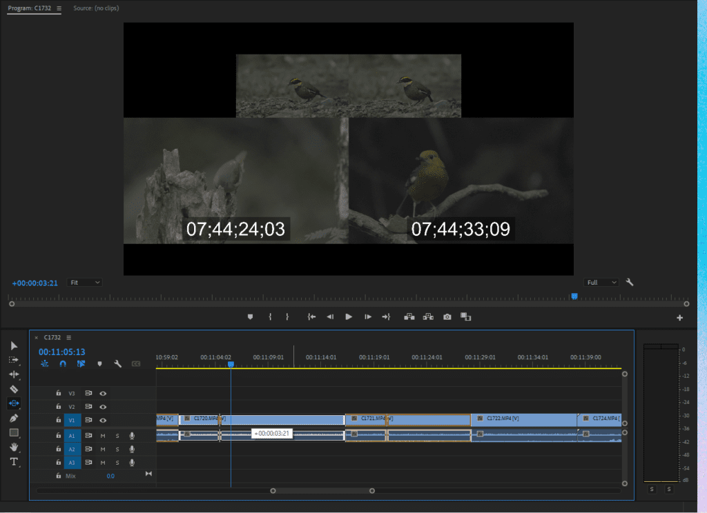 A screenshot of Premiere Pro's Timeline and Program Monitor showing the 4-up display while using the Slide tool.