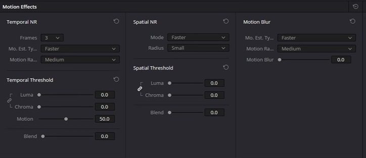 Screenshot of the noise reduction settings in the motion effects panel in DaVinci Resolve.