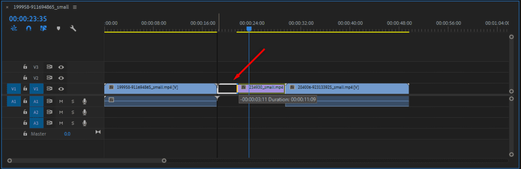 A screenshot of Premiere Pro's timeline highlighting what it looks to drag the Ripple Edit Tool toward another clip.