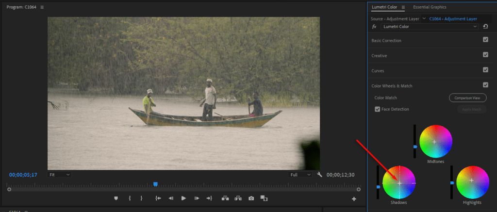 A screenshot of Premiere Pro's Color Wheels & Match tab, showing where the control point is located.