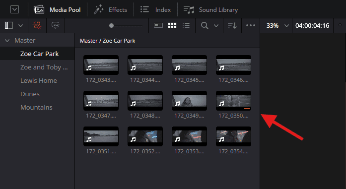 Screenshot of DaVinci Resolve showing a folder with different clips and pointing at a clip with a red stroke.