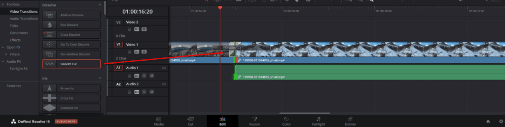 A screenshot showing how to drag and drop a video transition onto the cut between two clips in your Timeline.