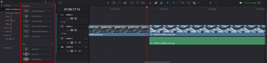 A screenshot of DaVinci Resolve's Effects Library. Here, you can select Video Transitions to add to your clips.