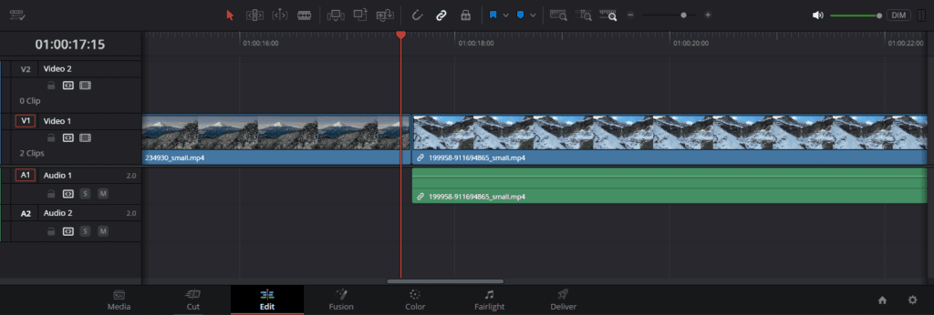 DaVinci Resolve's Timeline, where you'll add transitions to your clips.