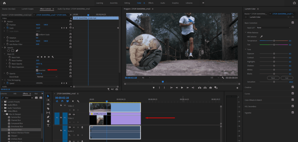 A screenshot of Premiere Pro's Timeline, showing how to create a "video in video" effect by masking in new footage.