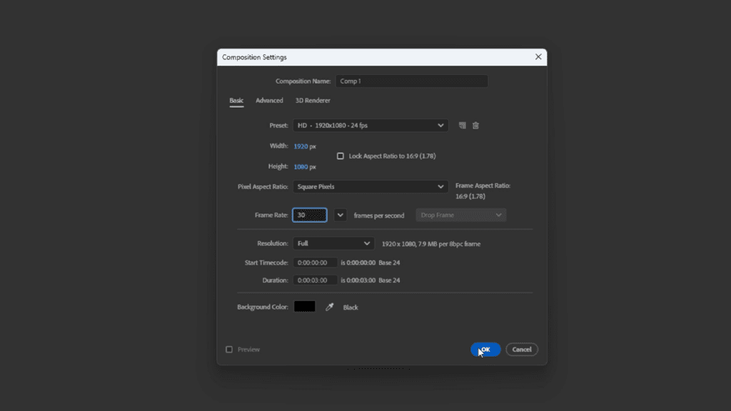 Composition settings for your logo animation file