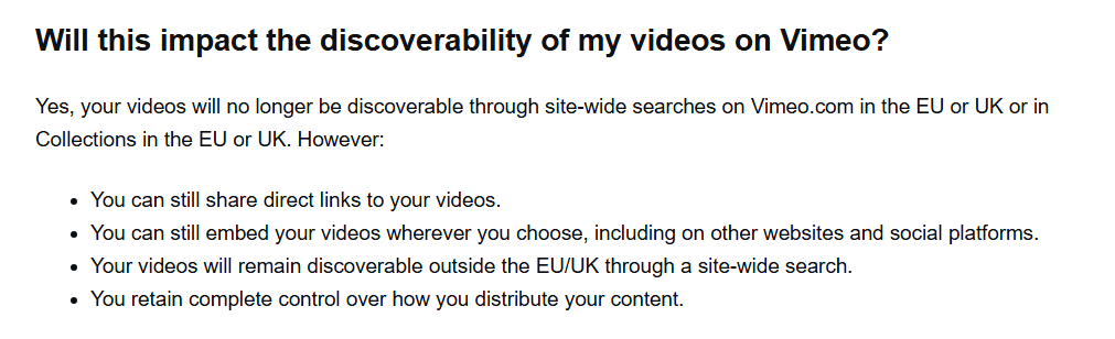 Discoverability of videos on Vimeo in the EU or UK