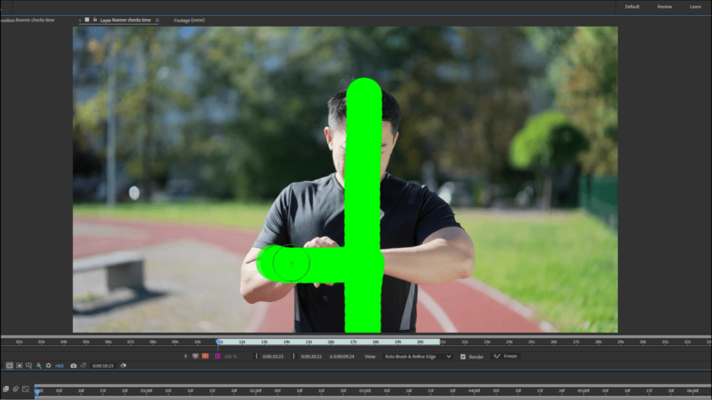 Screenshot of a Rotobrush being used to mask a subject in After Effects
