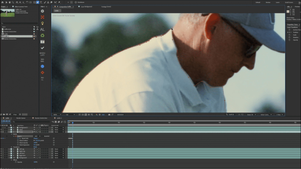 Screenshot of creating keyframes via mask path in After Effects.