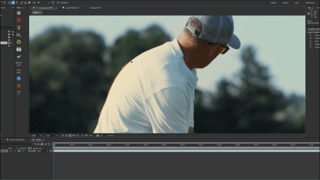 Screenshot of using the Pen Tool in After Effects and creating a Bezier curve to outline a subject.