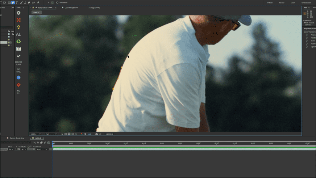 Screenshot of using the Pen Tool in After Effects to trace the outline of a golfer.