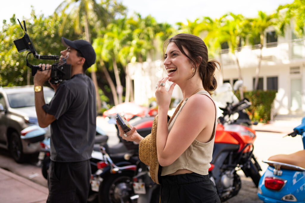 Photo of Dana DePirri on set filming for her Re: Stock collection in Miami.