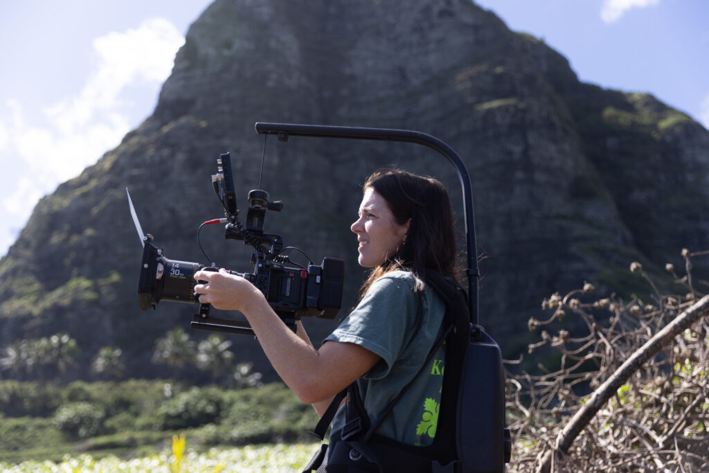 Photo of Roxy Facer filming her Re: Stock collection in O'ahu, Hawai'i.