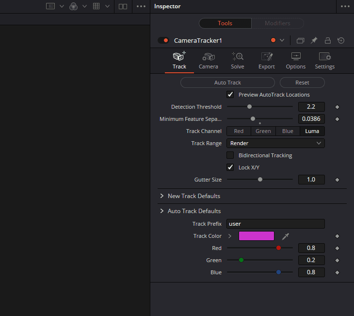 Screenshot of the Camera Tracker settings in DaVinci Resolve Fusion