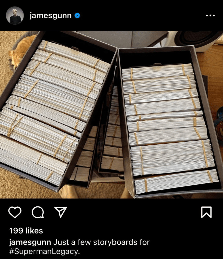Screenshot of an Instagram post from James Gunn showing his storyboards for Superman Legacy.