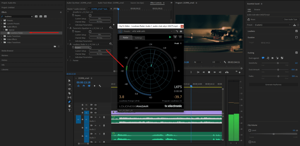 A screenshot of Premiere Pro's Loudness Radar, showing a reading of ~40 dB - much higher than recommended.
