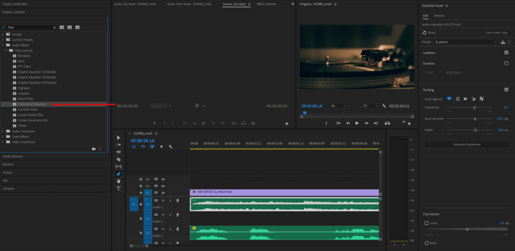 A screenshot of Premiere Pro's Effects tab, showing where to select the Parametric Equalizer setting.