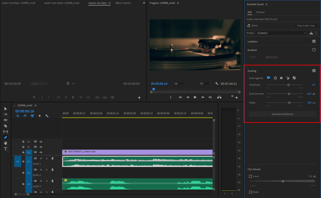 Premiere Pro's Auto-ducking settings, highlighting the parameters you should choose as a starting point.