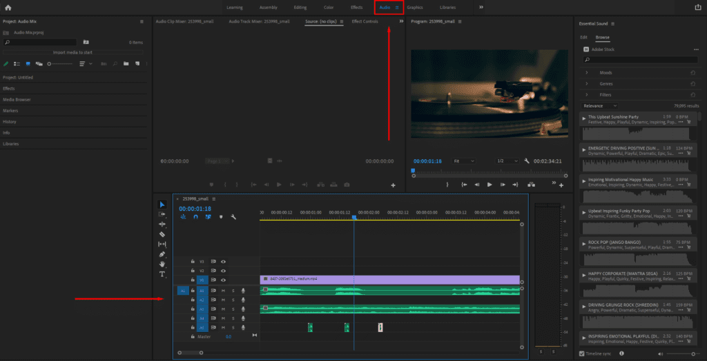 Premiere Pro's Audio workspace with well-organized audio clips, music, and sound effects in the Timeline.