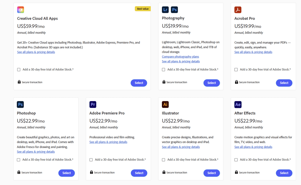 Screenshot of the pricing structure of Adobe subscfriptions.