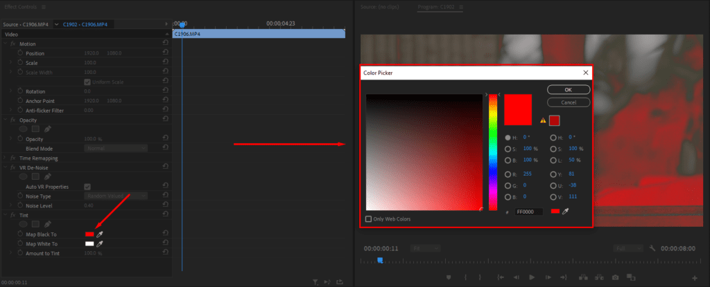 Premiere Pro's Effect Controls panel highlighting the Tint settings where you can select the color red.