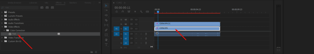 A screenshot showing where to find the Tint effect and which track to drag it onto.