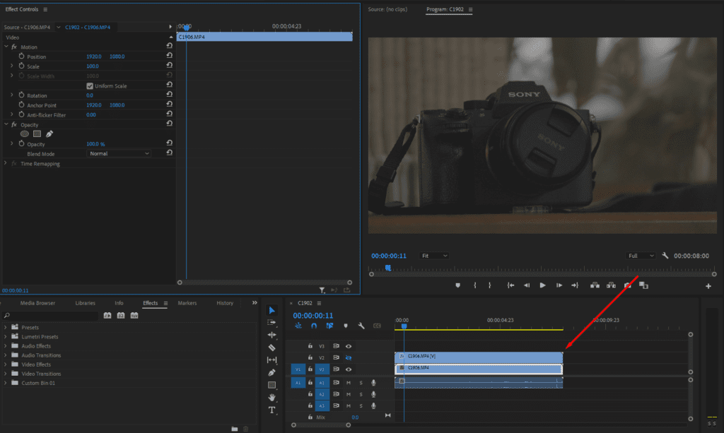 A screenshot of Premiere Pro's interface showing how it should look when you've duplicated the clip and placed it on the V2 track.