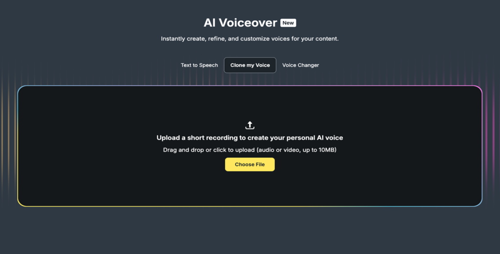 Image showing the Clone my Voice feature inside of the AI Voiceover tool.