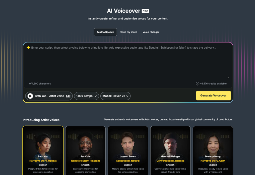 Image showing the Voice Changer module inside the AI Voiceover tool.