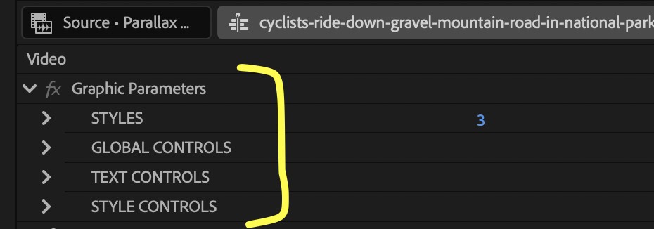 Screenshot of the available customization options with a MOGRT file inside of After Effects.
