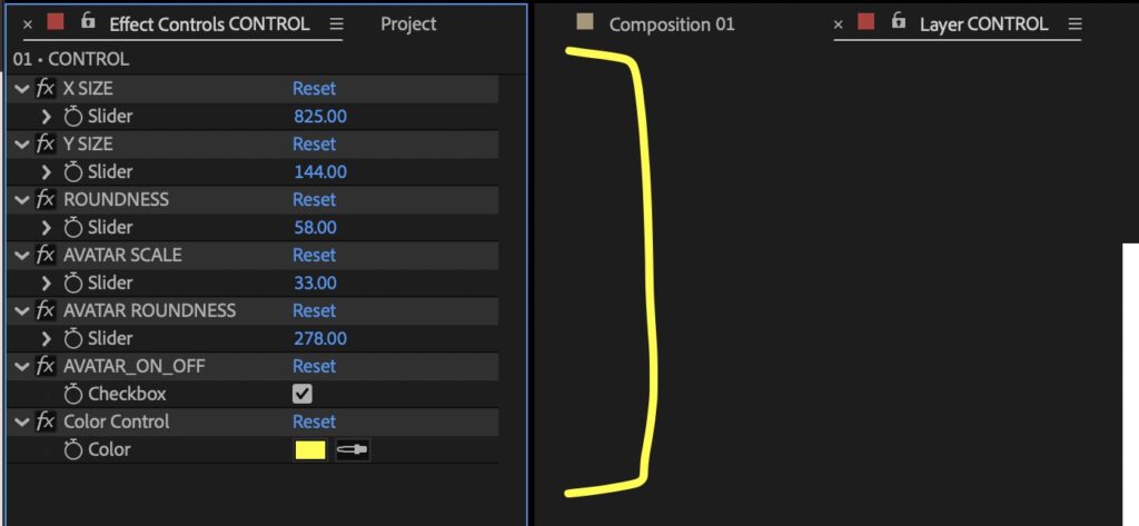 Screenshot of all the customization options for an AEP file inside of After Effects.