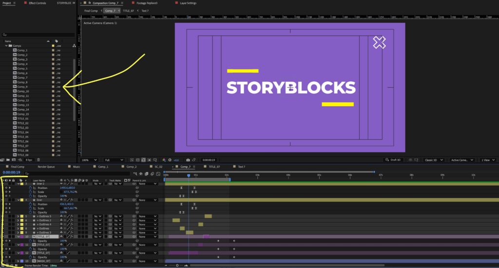 Screenshot of all of the available comps and customization options for an AEP file inside of After Effects.