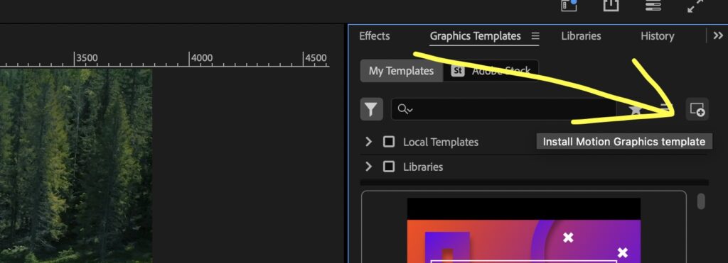 Screenshot of dragging a MOGRT file template into the Essential Graphics panel to install it in After Effects.