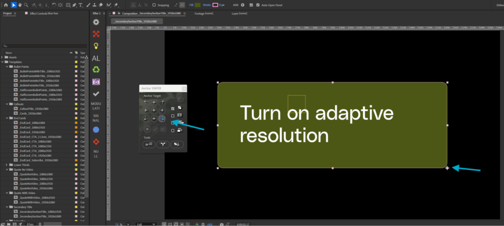Screenshot showing the Anchor SNIPER plugin menu settings in After Effects