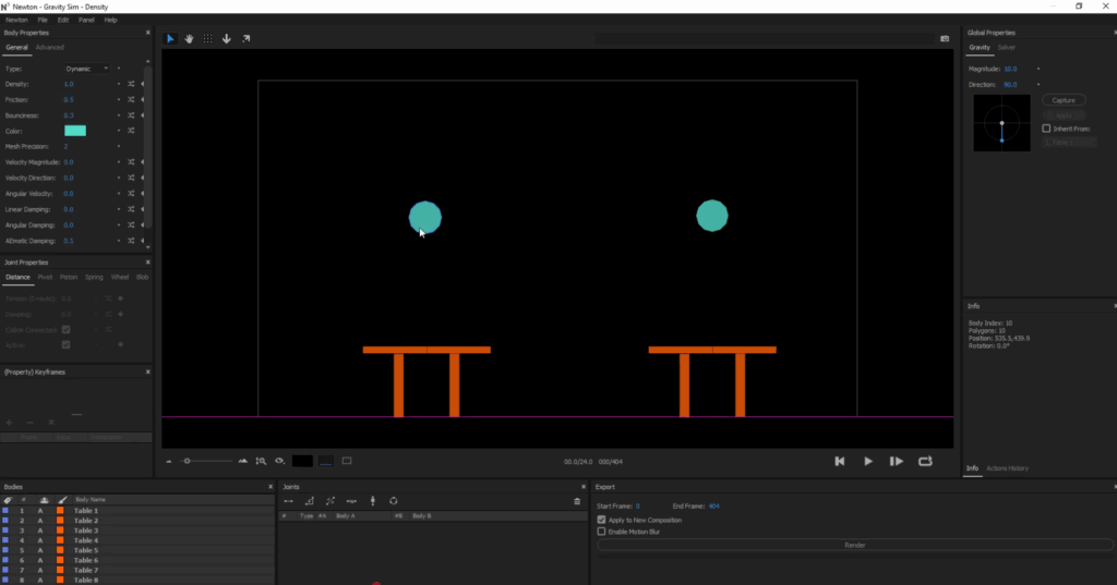 Screenshot showing objects in After Effects with gravitational properties applied via the Newton plugin