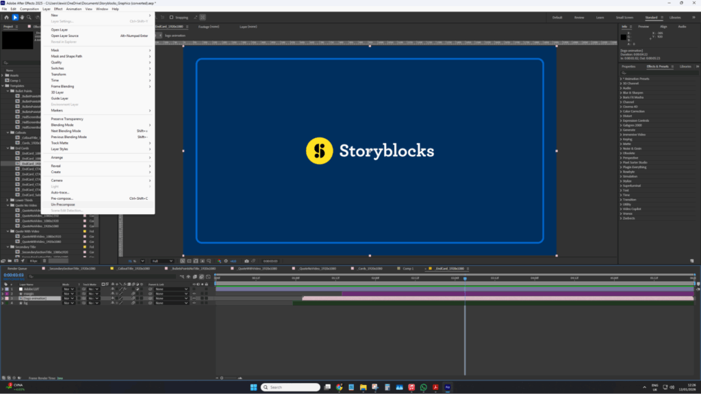 Screenshot showing the drop-down layer menu in After Effects with the Unprecompose plugin option highlighted.
