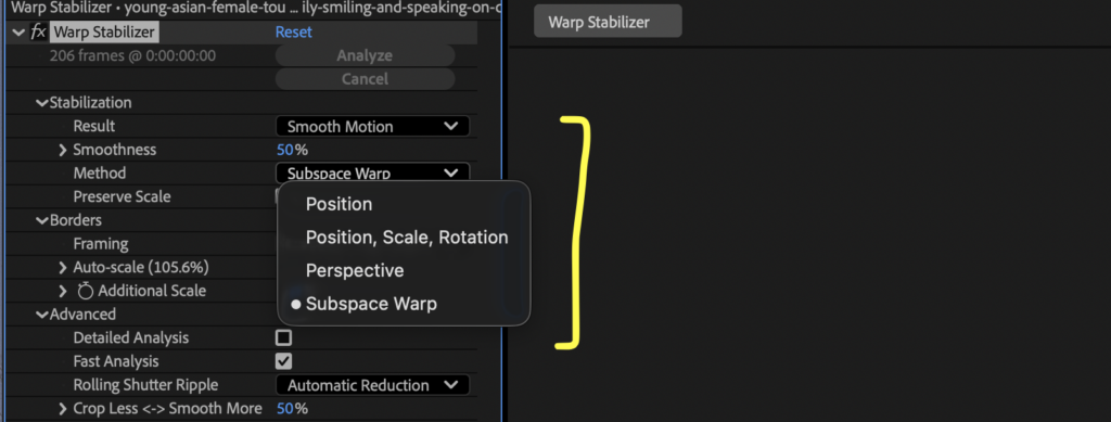 Screenshot showing the different Methods of stabilization available with Warp Stabilizer in After Effects