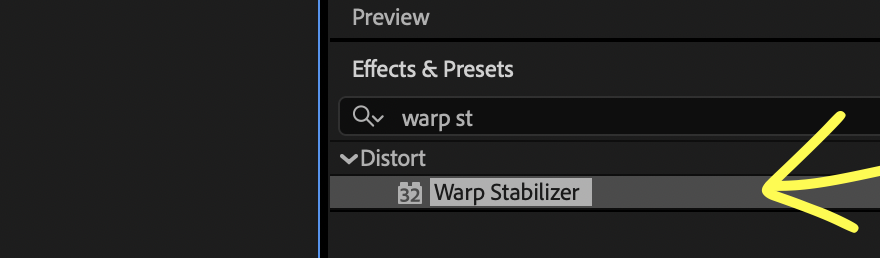 Screenshot showing Warp Stabilizer in the Effects and Presets panel in After Effects